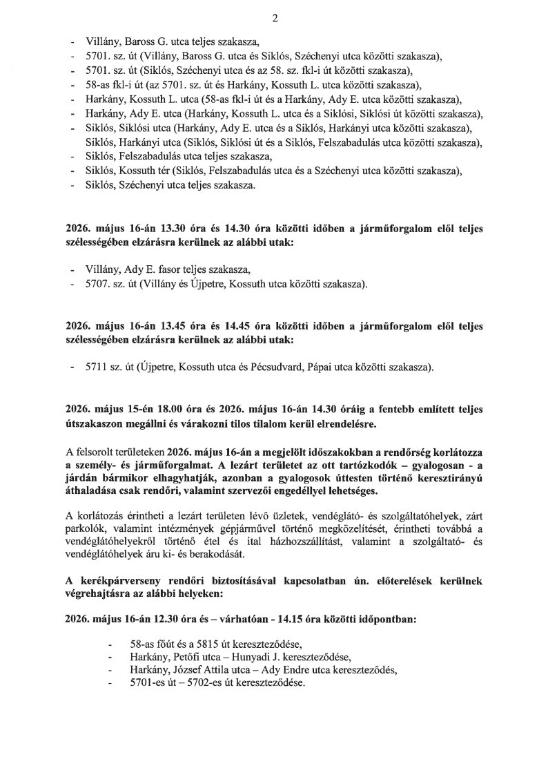 Tour de Hongrie 2026 RENDŐRSÉGI TÁJÉKOZTATÓ a Siklósi Járás lakosai és a Siklósi Járásban tartózkodók részére – 2. oldal